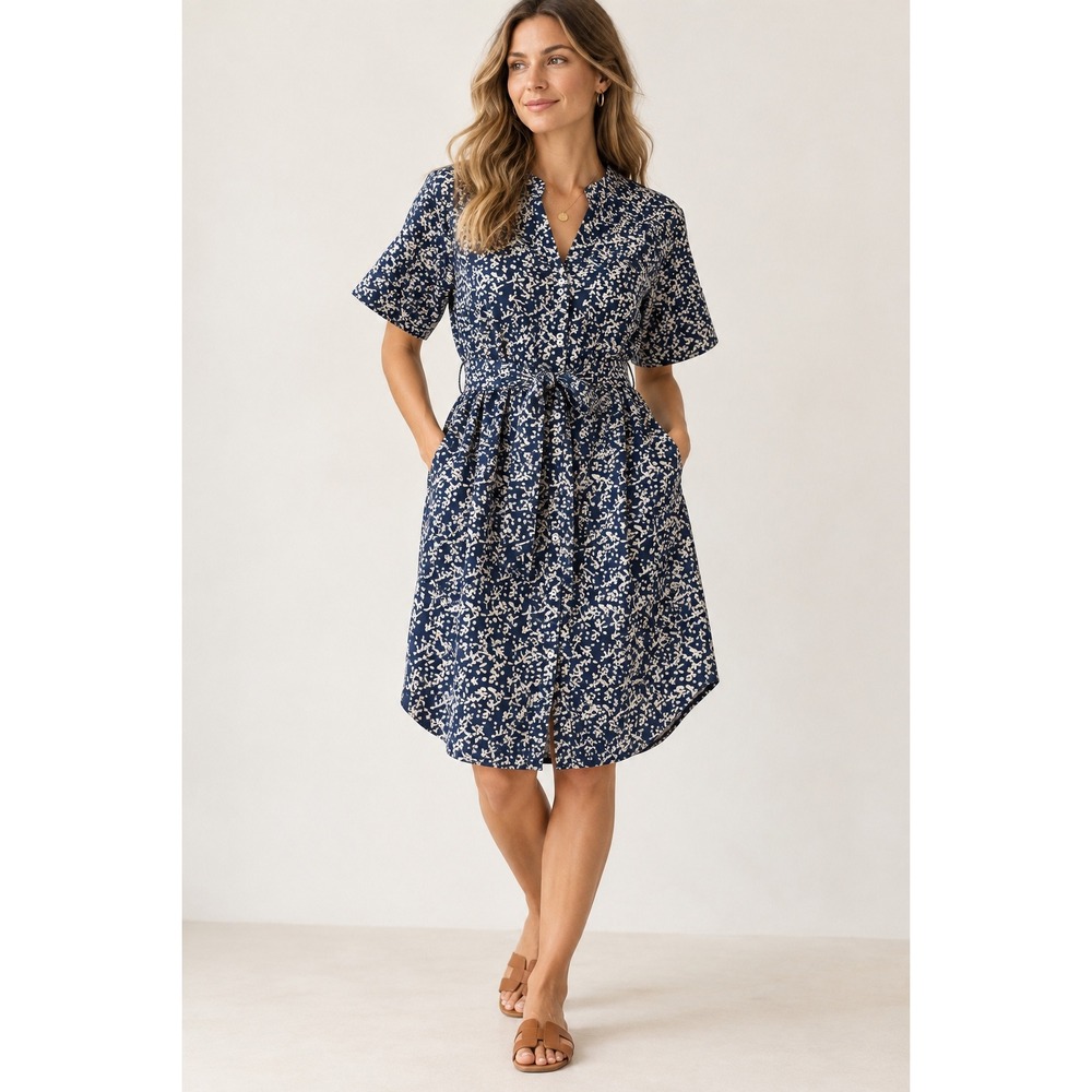 Mirth Lucca Shirt Dress Navy Coral Floral Cotton Belted Midi L